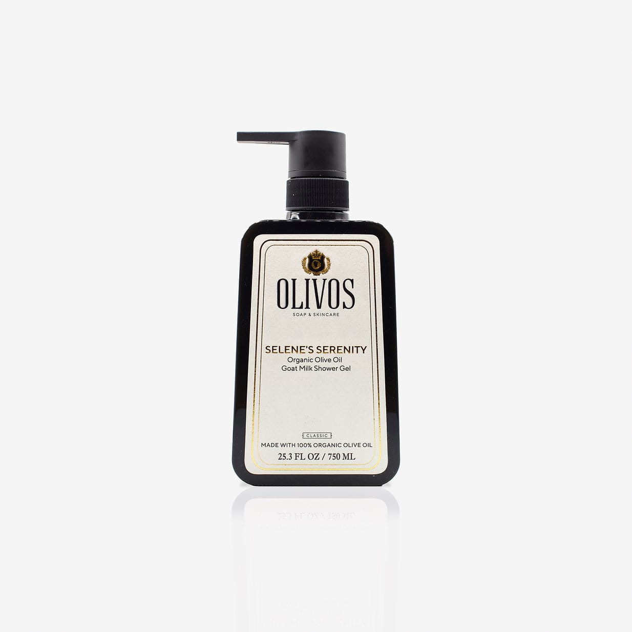 Olivos Seleno's Serenity Organic Olive Oil Coated Milk Shower Gel in a black rectangular pump bottle with a cream-colored label, centered on a light gray background.
