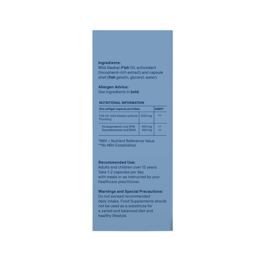 A blue rectangular product information card showing ingredients, allergen advice, nutritional information, recommended use, and warnings for a supplement, photographed on a plain white background.