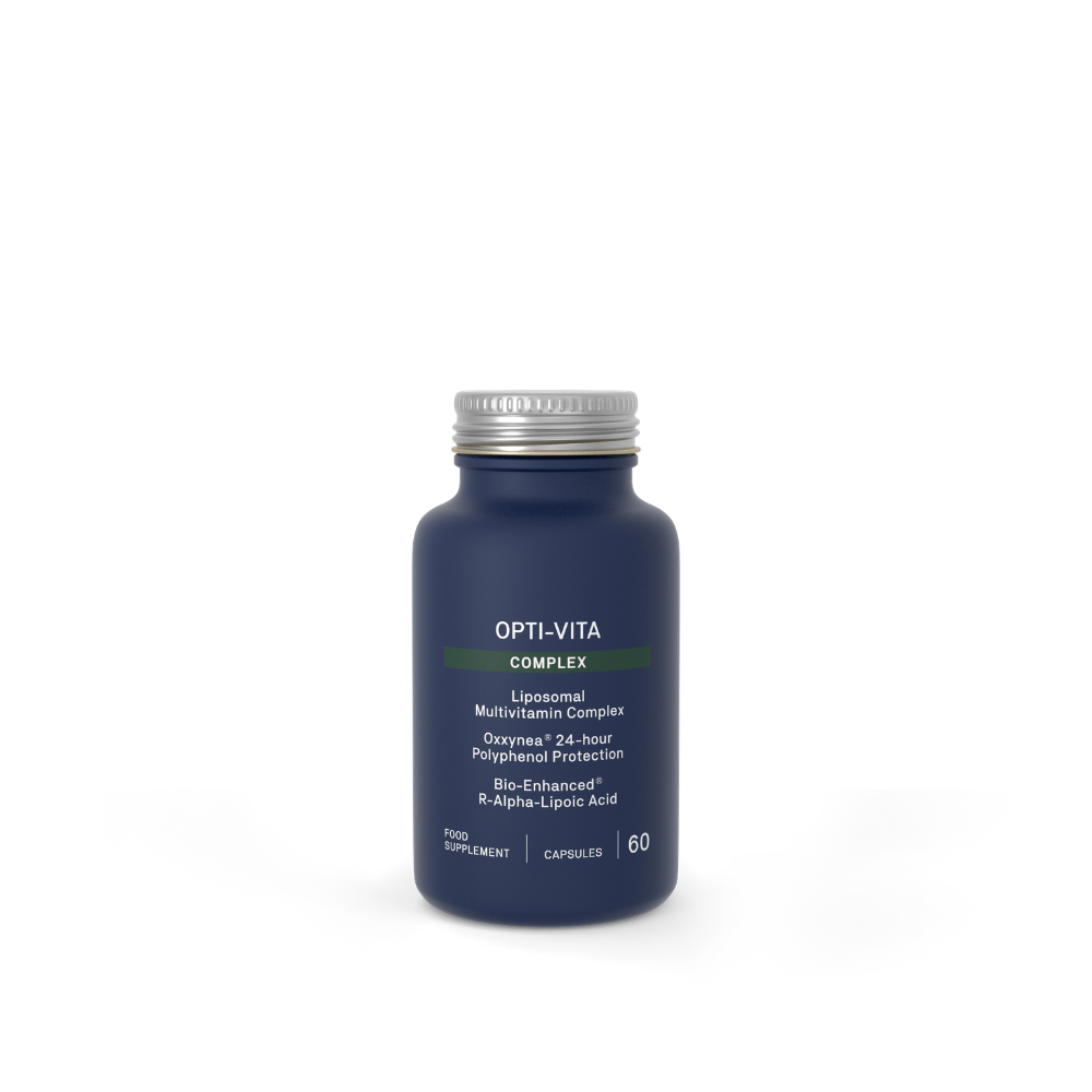 A dark blue bottle of Opti-Vita Liposomal Multivitamin Complex dietary supplement with a silver cap, shown on a clean white background.