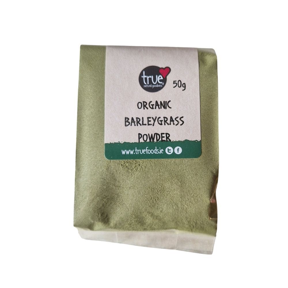 Bag of organic barleygrass powder with 'true' brand label on a white background
