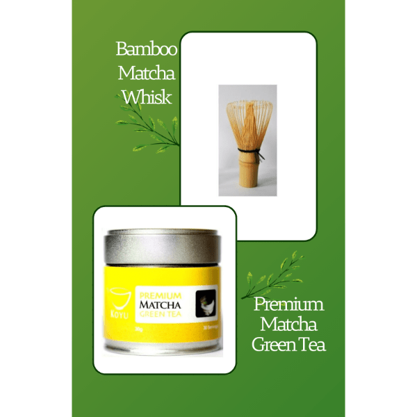The image shows a package of Koyu Organic Premium Matcha Green Tea alongside a traditional bamboo matcha whisk. The packaging is yellow with green tea leaves in the background and text that reads 'Premium Matcha Green Tea' and 'Bamboo Matcha Whisk'.