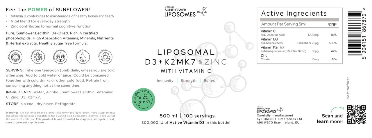 Porebski Liposomal Vitamins C, D3+K2mk7 & Zinc 500ml