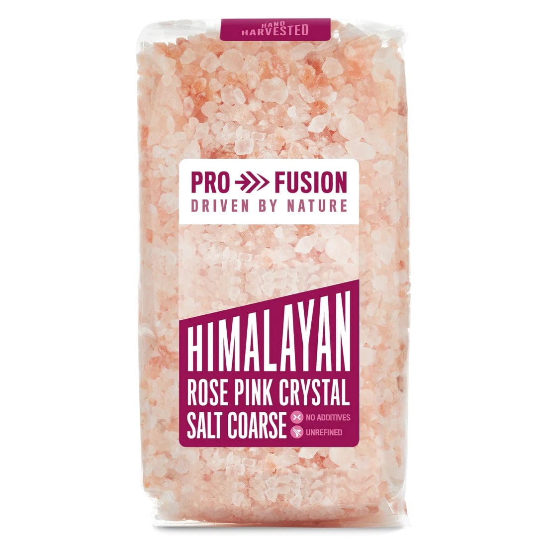 Bag of Pro Fusion Himalayan Rose Pink Crystal Salt on a white background