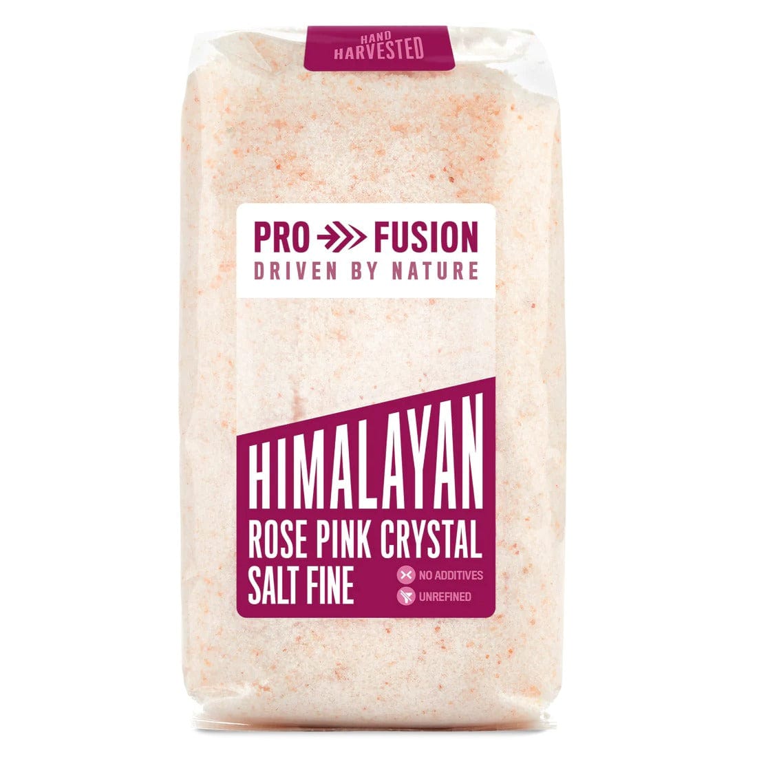 Bag of Pro Fusion Himalayan Rose Pink Crystal Salt Fine on a white background