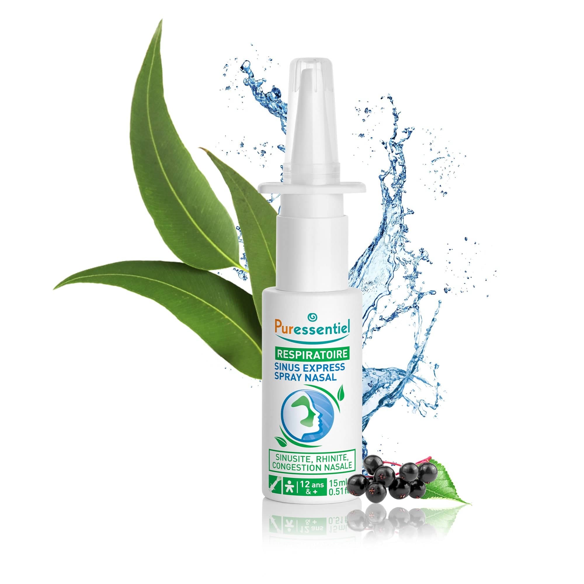 Puressentiel sinus express spray nasal with leaves and water droplets on a white background