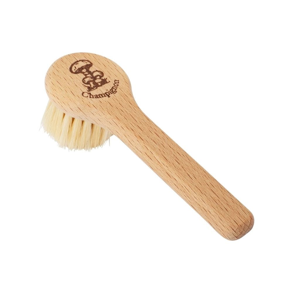 Wooden brush with bristle head and engraved logo on a white background