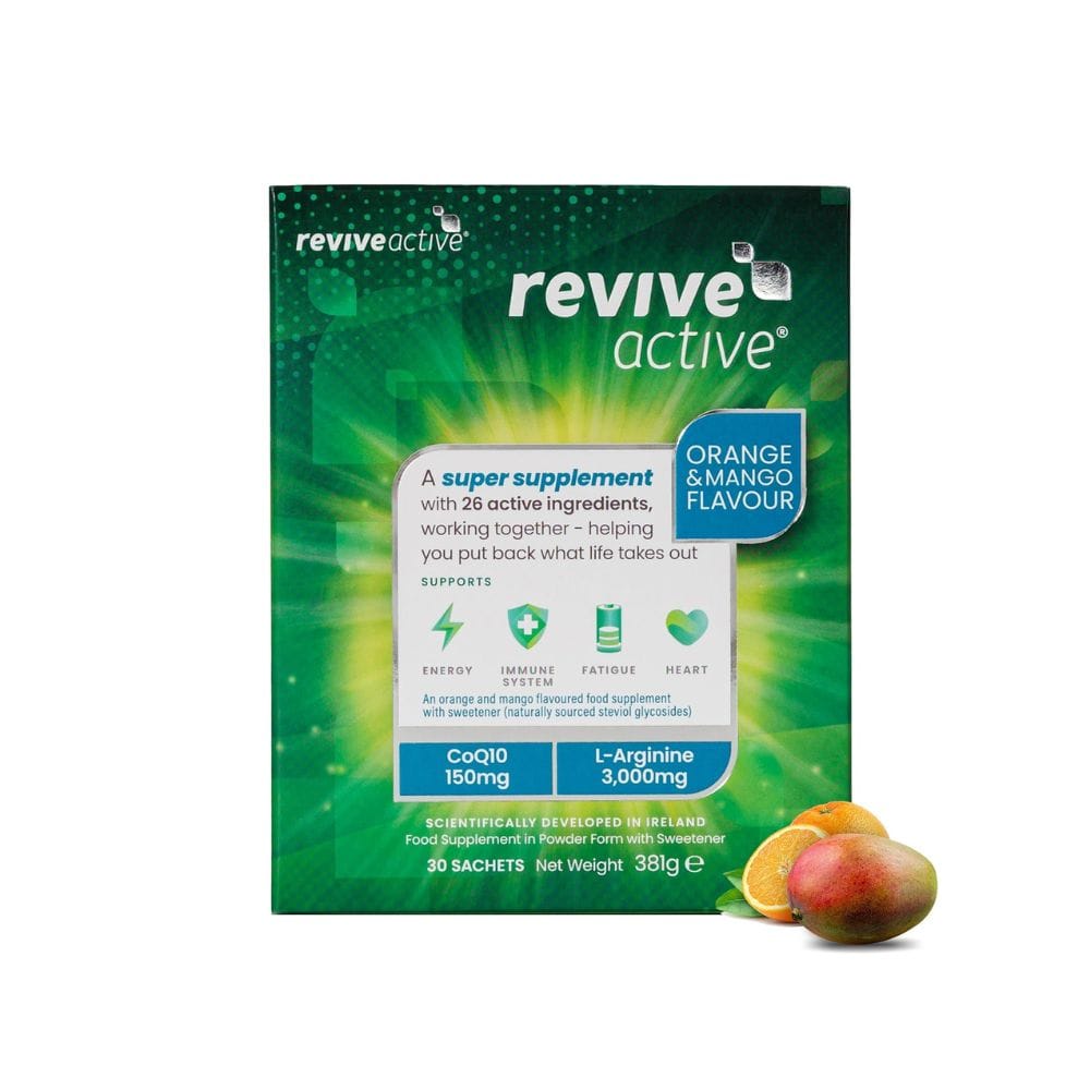 Revive Active supplement package with orange and mango flavor on a white background