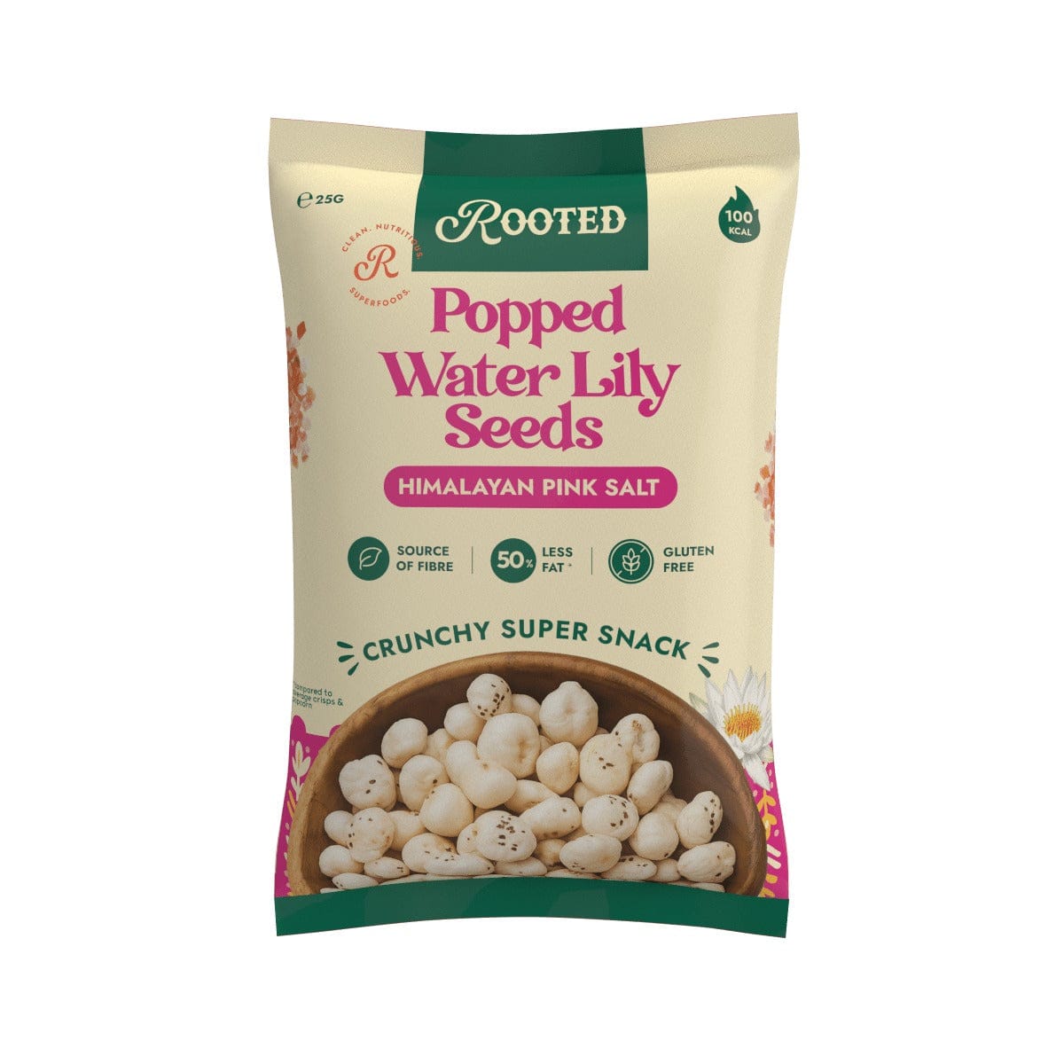 Packaging of Rooted Popped Water Lily Seeds with Himalayan Pink Salt on a white background