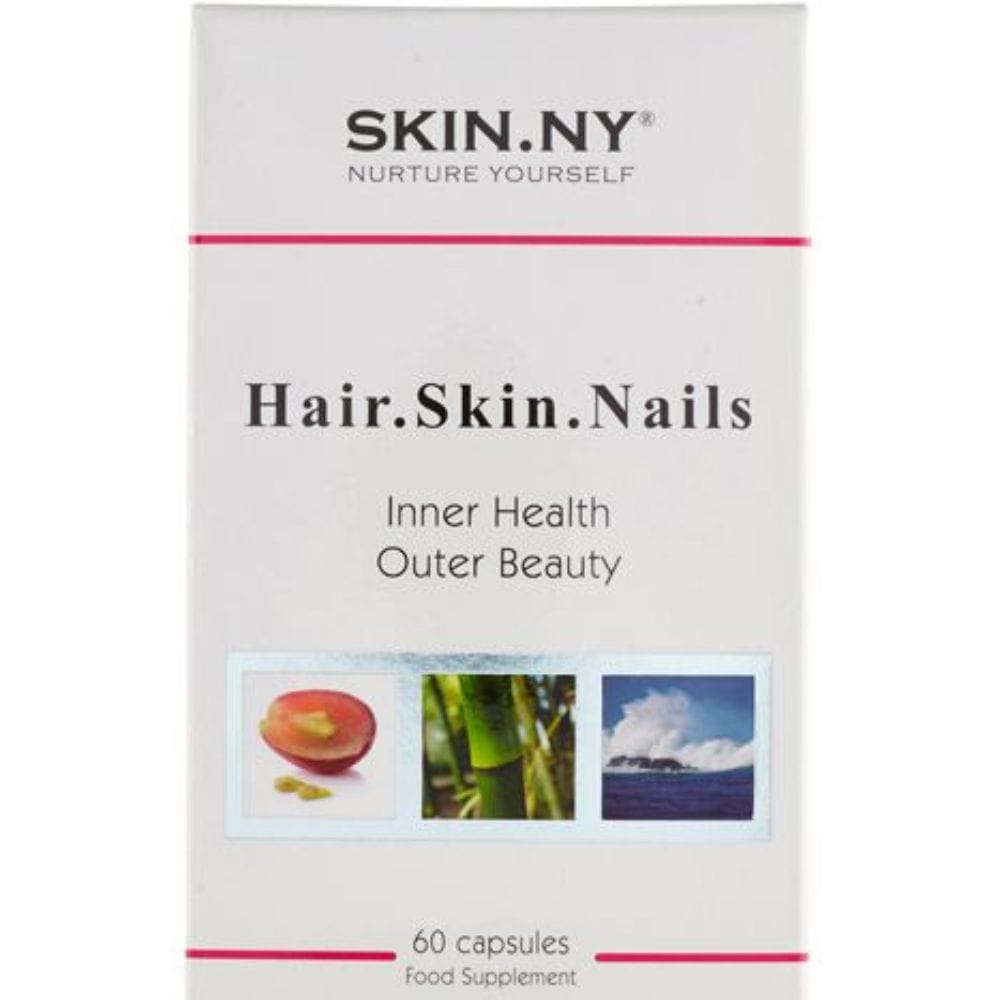 SKIN.NY supplement package for hair, skin, and nails on a white background