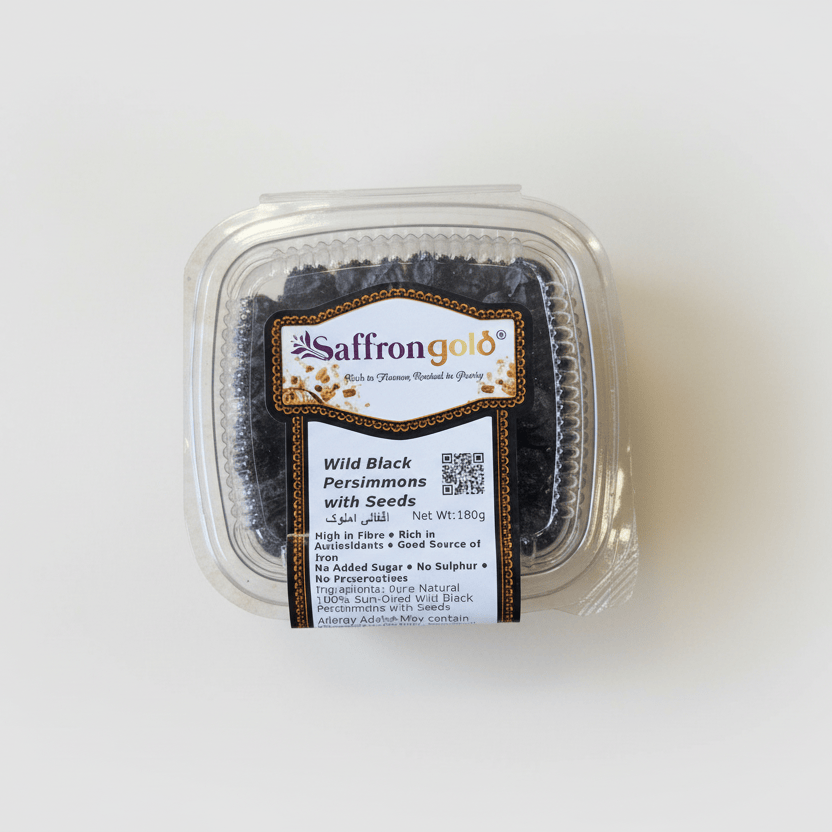 Packaged wild black persimmons with seeds labeled 'Saffron Gold' on a white background
