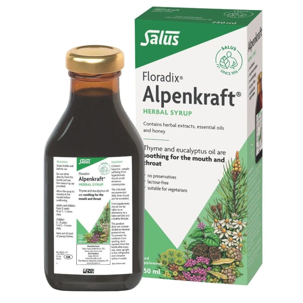 Salus Floradix Alpenkraft herbal syrup bottle and packaging on a white background