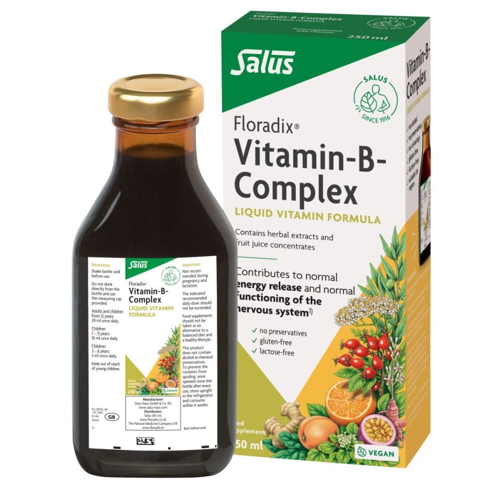 Salus Floradix Vitamin B Complex bottle and packaging on a white background