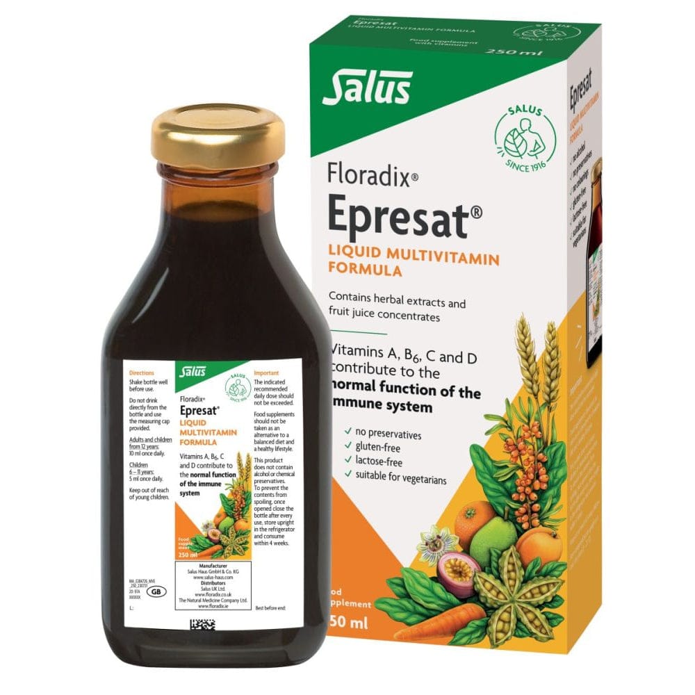 Salus Floradix Epresat liquid multivitamin bottle and packaging on a white background