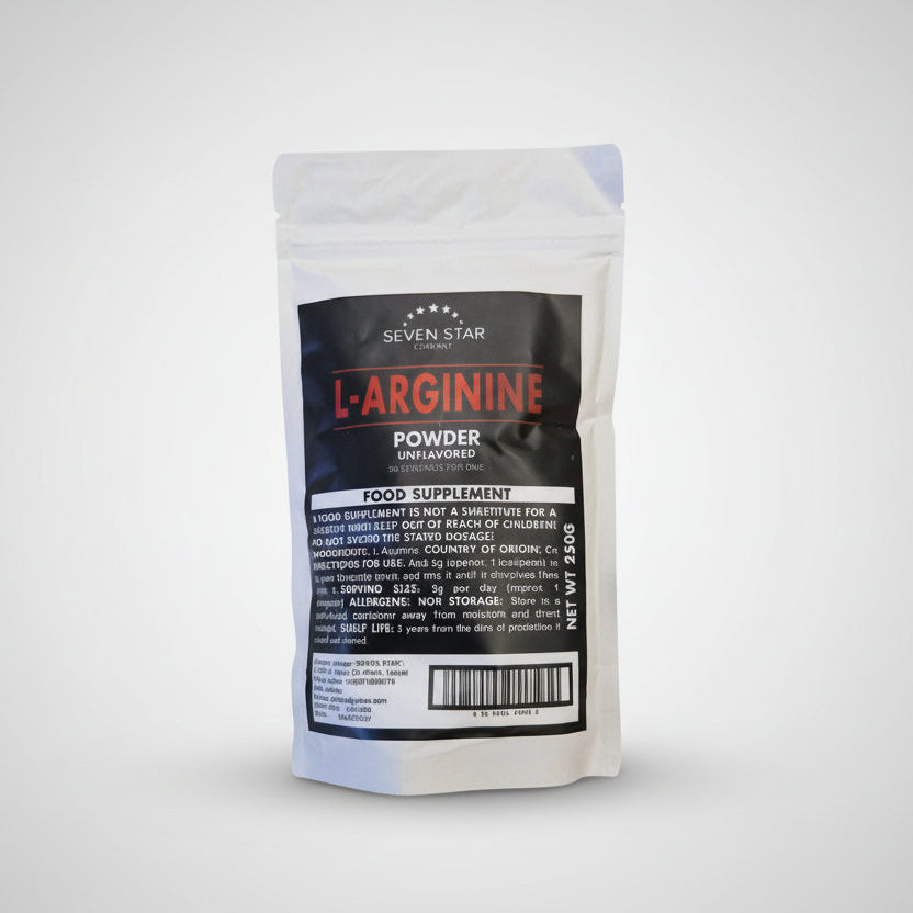 Package of L-Arginine powder on a white background