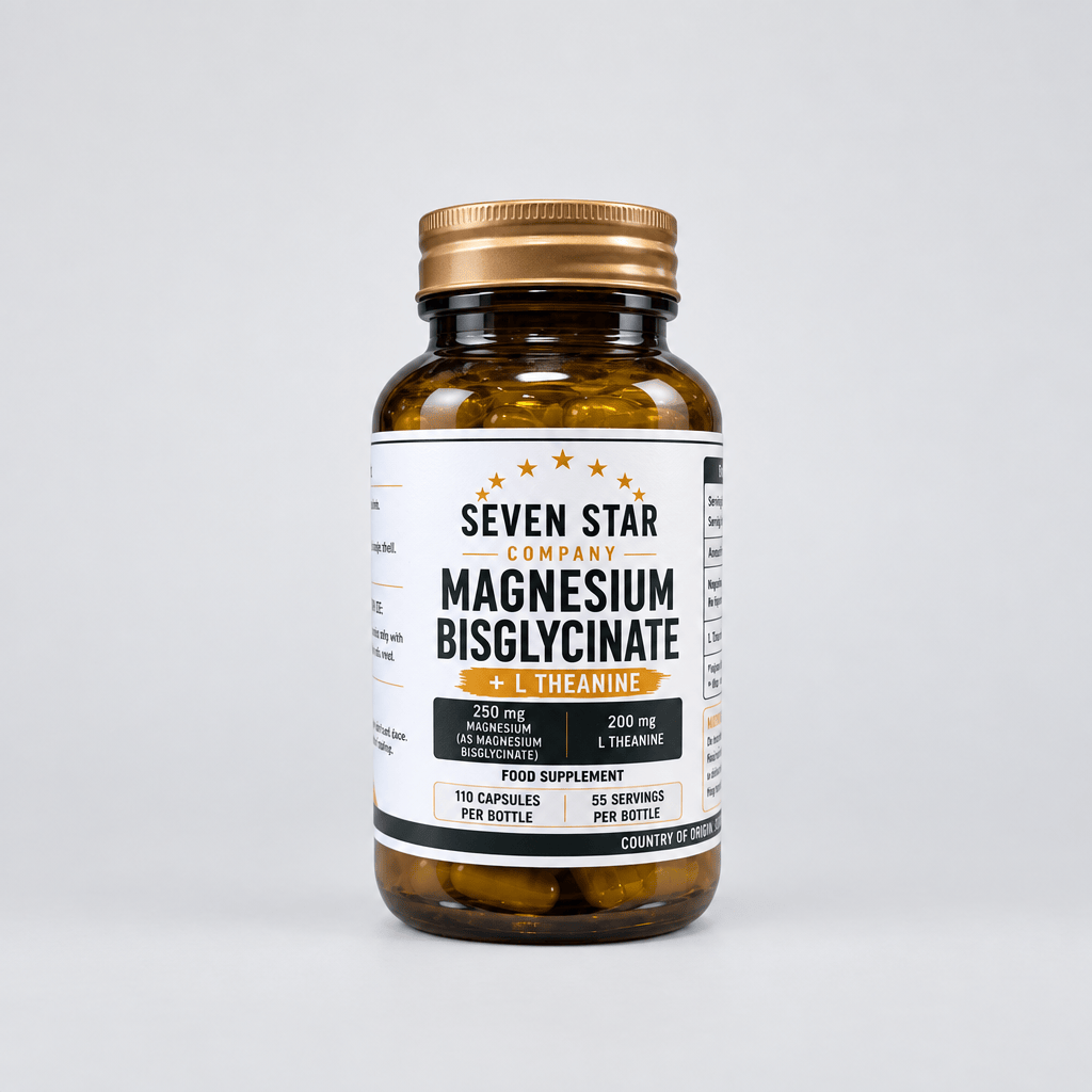 A bottle of Seven Star Company Magnesium Bisglycinate + L-Theanine food supplement, featuring an amber glass bottle with a metallic bronze cap and a white label.