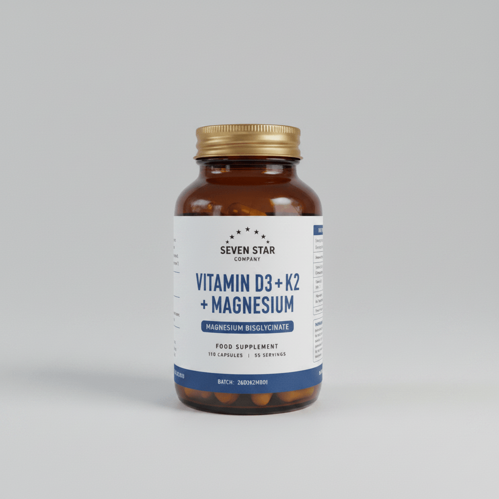 A bottle of Seven Star Company Vitamin D3 + K2 + Magnesium dietary supplement, featuring an amber glass bottle with a gold cap and a white label with blue text.