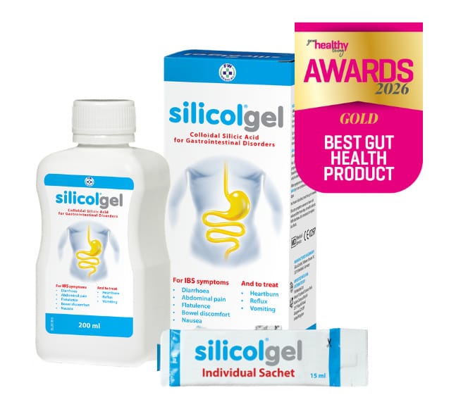 Silicolgel product packaging including bottle, box, and sachet with an award badge on a white background