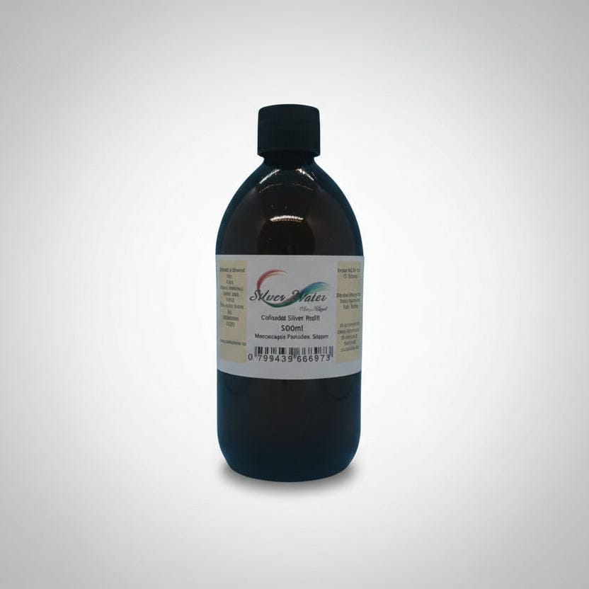 Bottle of Silver Water with a label on a gray background