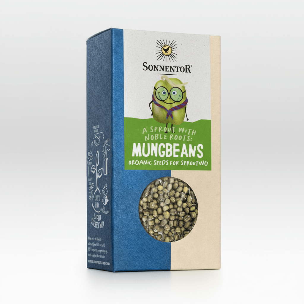 Sonnentor mungbean packaging with a cartoon character on a white background
