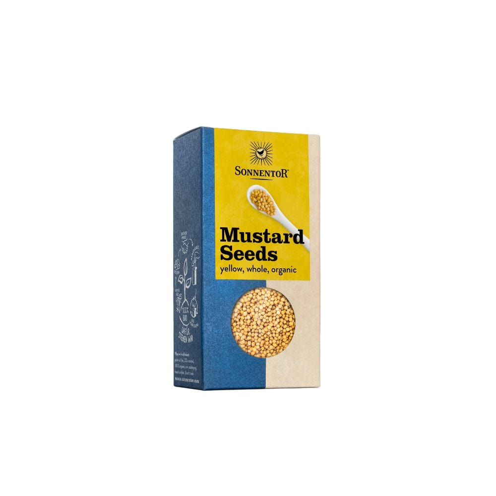 Box of Sonnentor Mustard Seeds on a white background