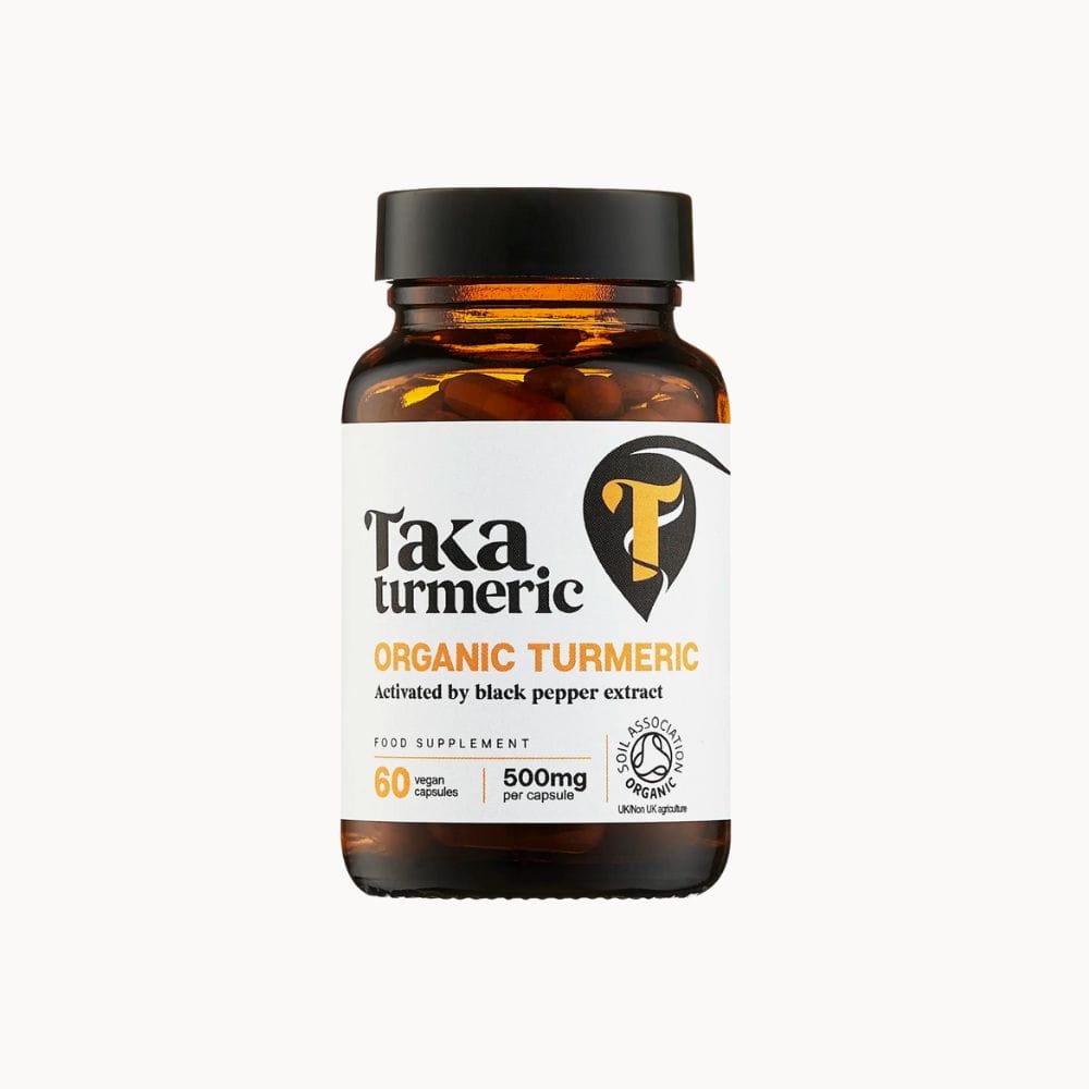 Bottle of Taka Turmeric organic turmeric supplement on a white background