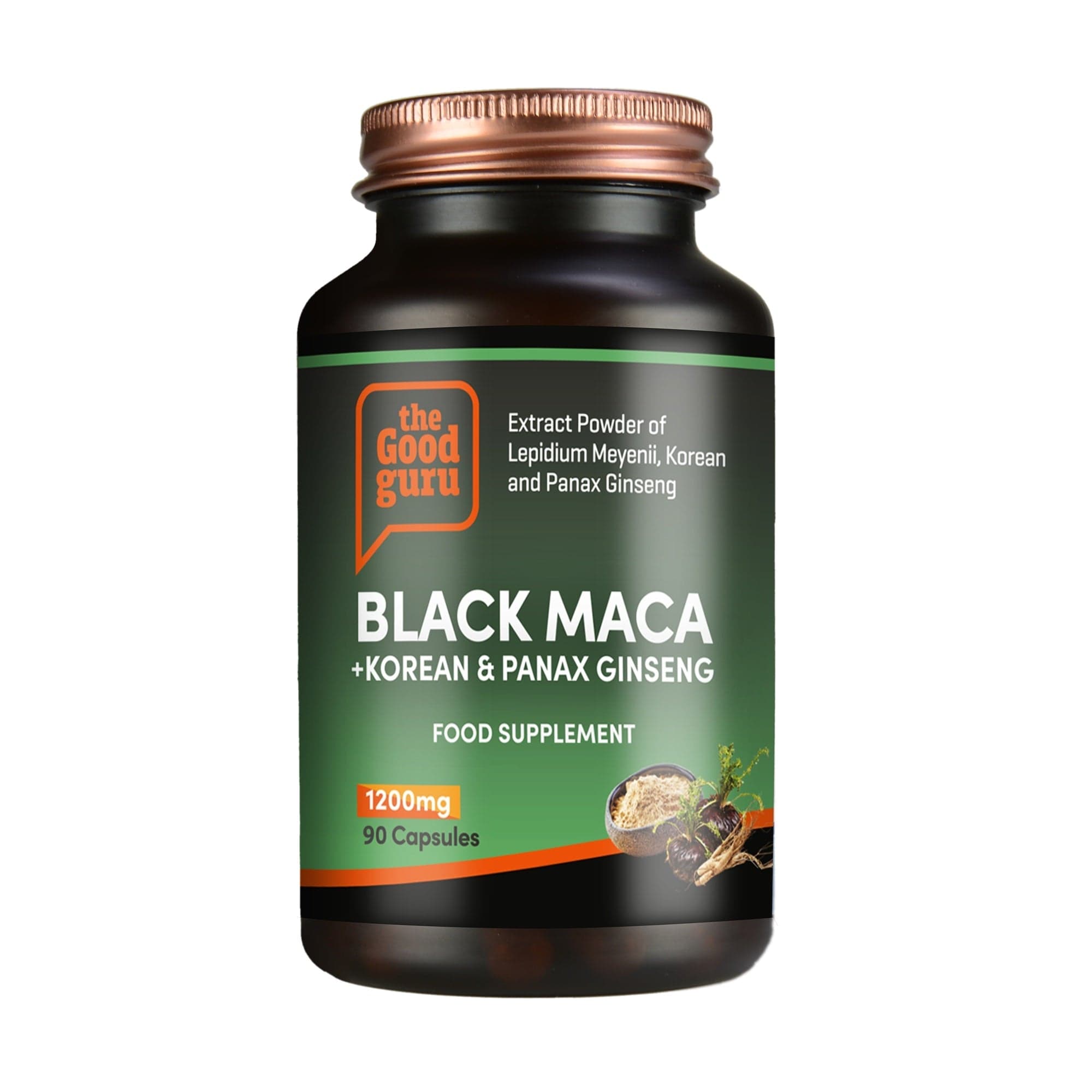 Supplement bottle labeled 'Black Maca + Korean & Panax Ginseng' by 'The Good Guru' on a white background.