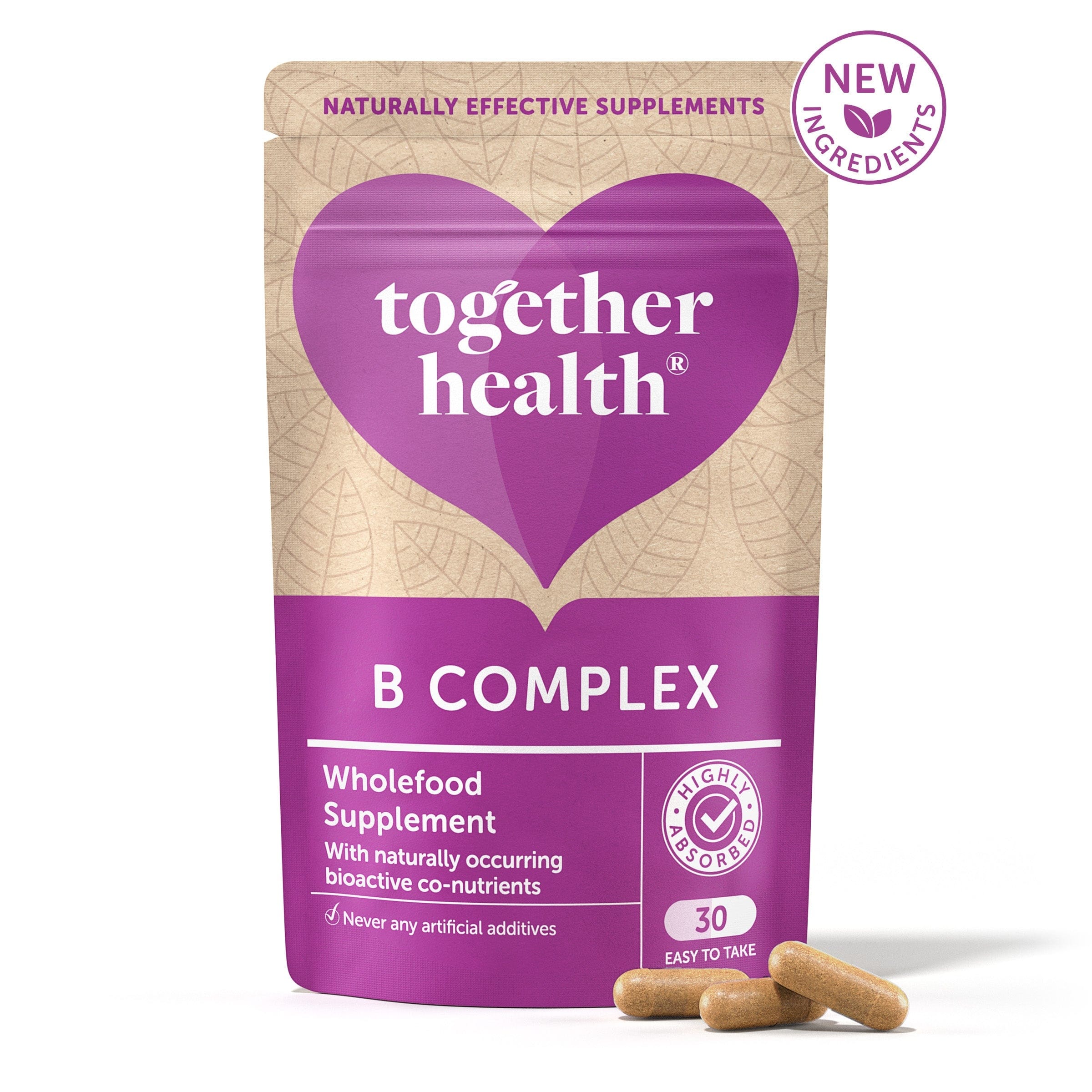 Together Health B Complex supplement package with purple heart logo on a beige background