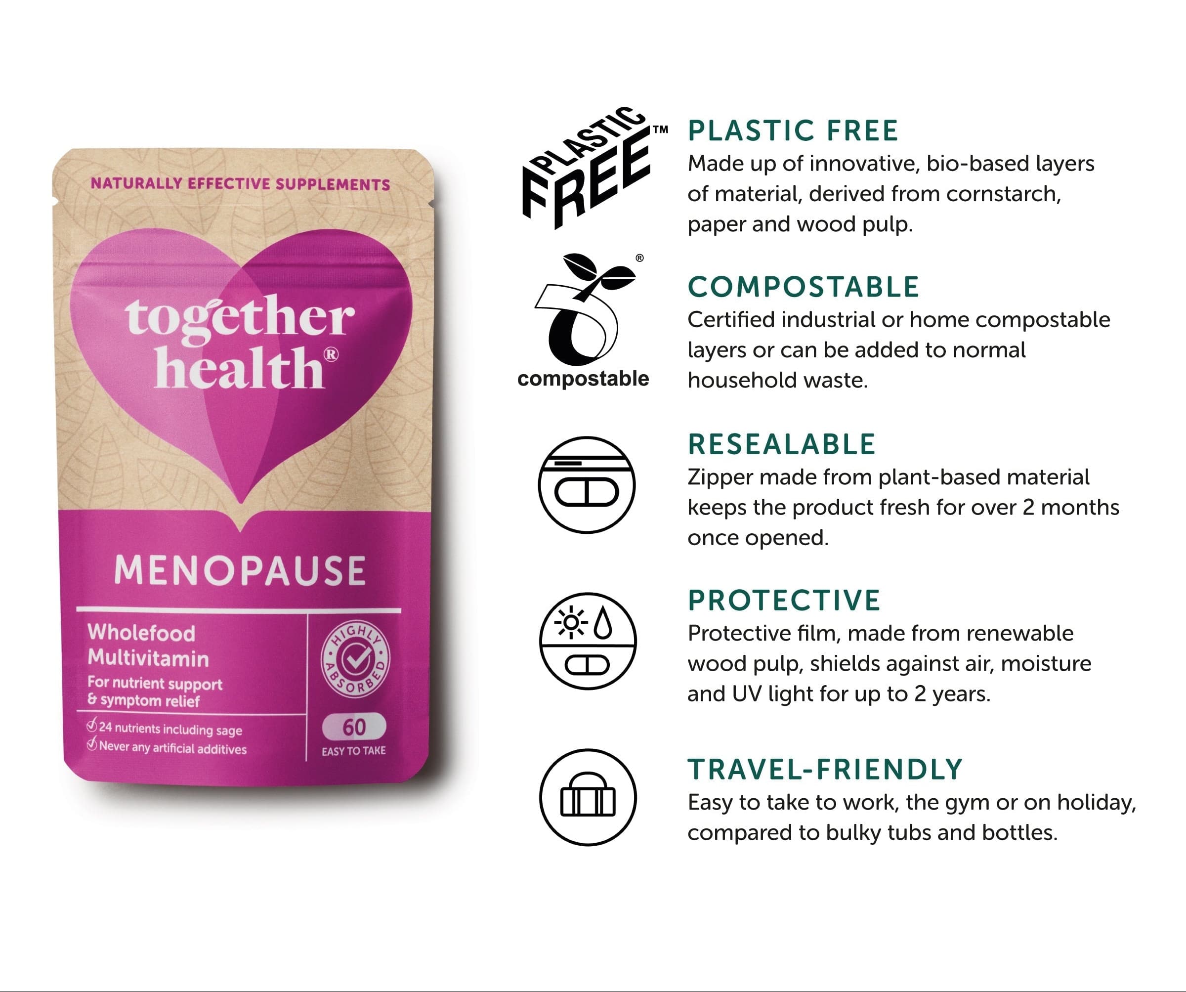 Together Health Menopause supplement packaging with sustainability features listed on a white background.