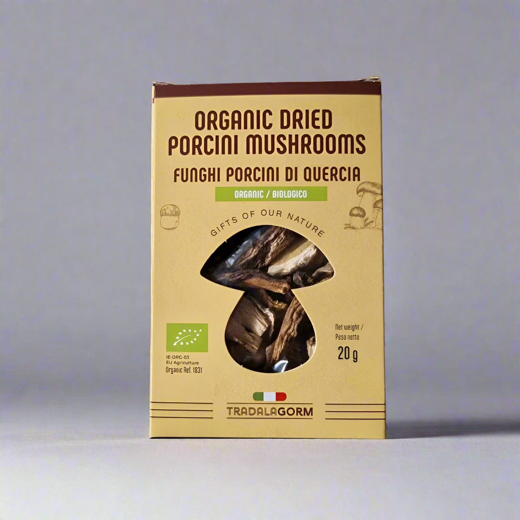 Box of organic dried porcini mushrooms with branding on a white background