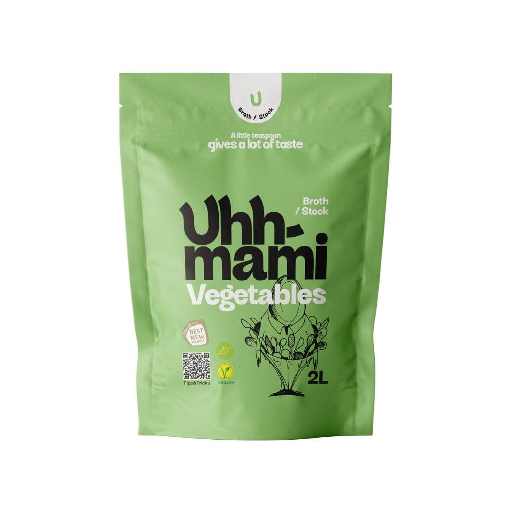 Green package of Uhh-mami Vegetables broth/stock on a white background