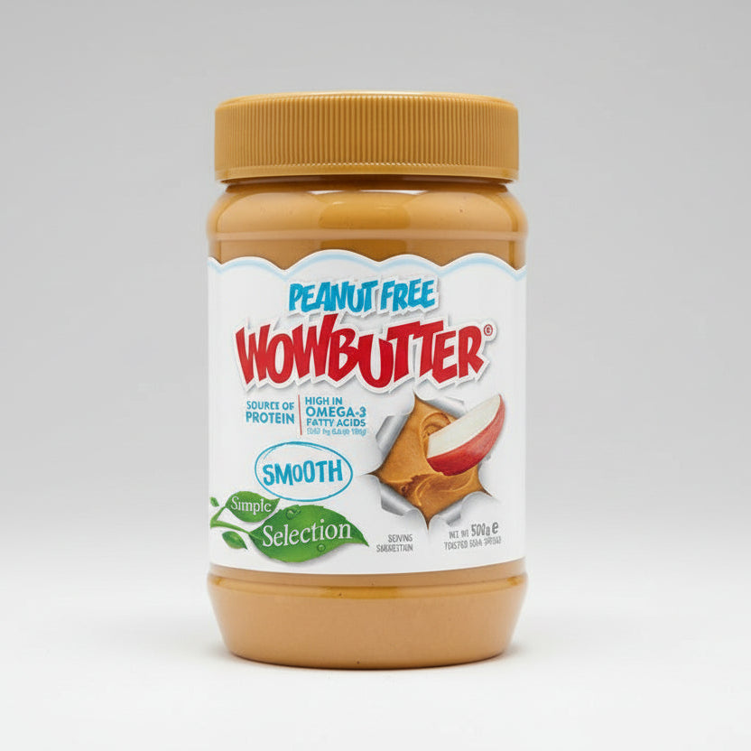 Jar of Wowbutter peanut-free smooth peanut butter on a white background