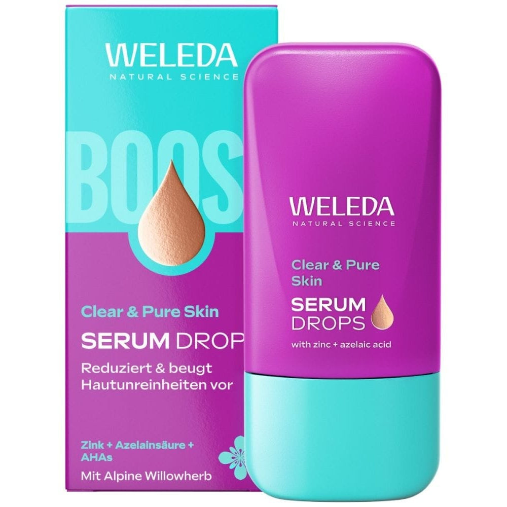 Weleda Clear & Pure Skin Serum Drops box and tube packaging, featuring a vibrant purple and teal color scheme with a droplet graphic.