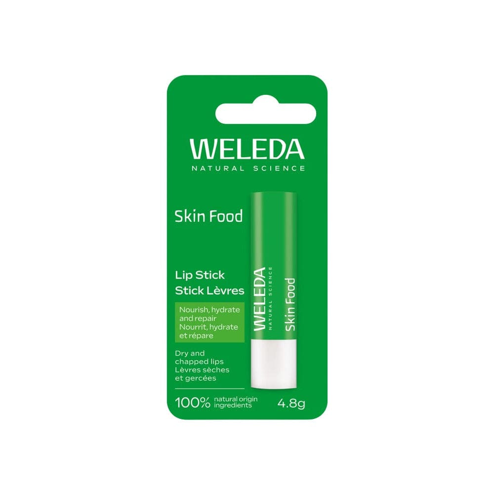 Weleda skin food lip balm packaging on a white background