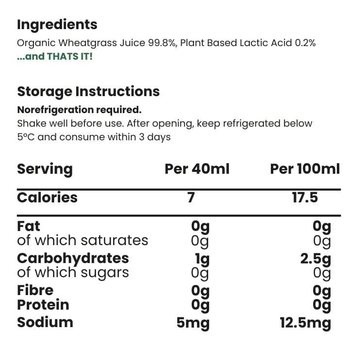 Nutritional information and storage instructions for a product with organic wheatgrass juice.