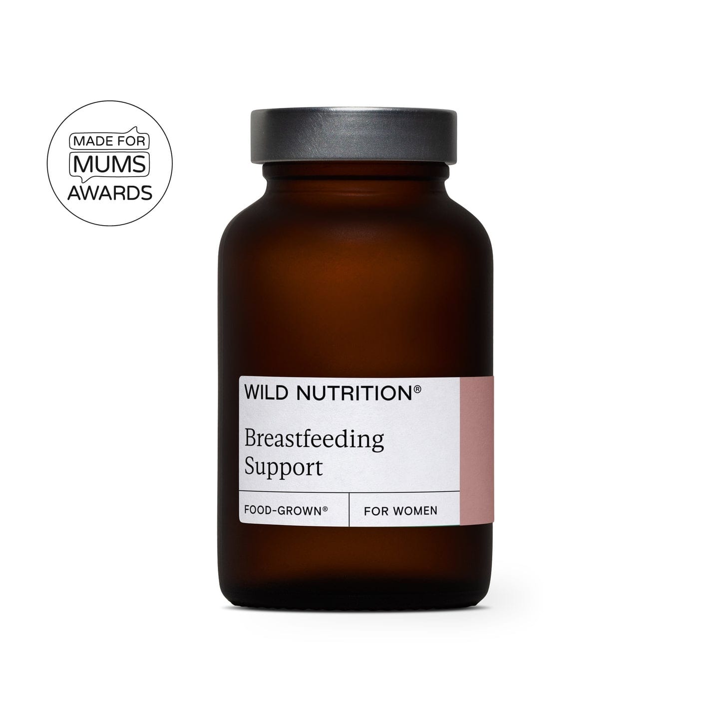 An amber glass supplement bottle with a black cap and a white label reading 'WILD NUTRITION Breastfeeding Support' on a white background, with a circular 'Made for Mums Awards' badge in the top left.