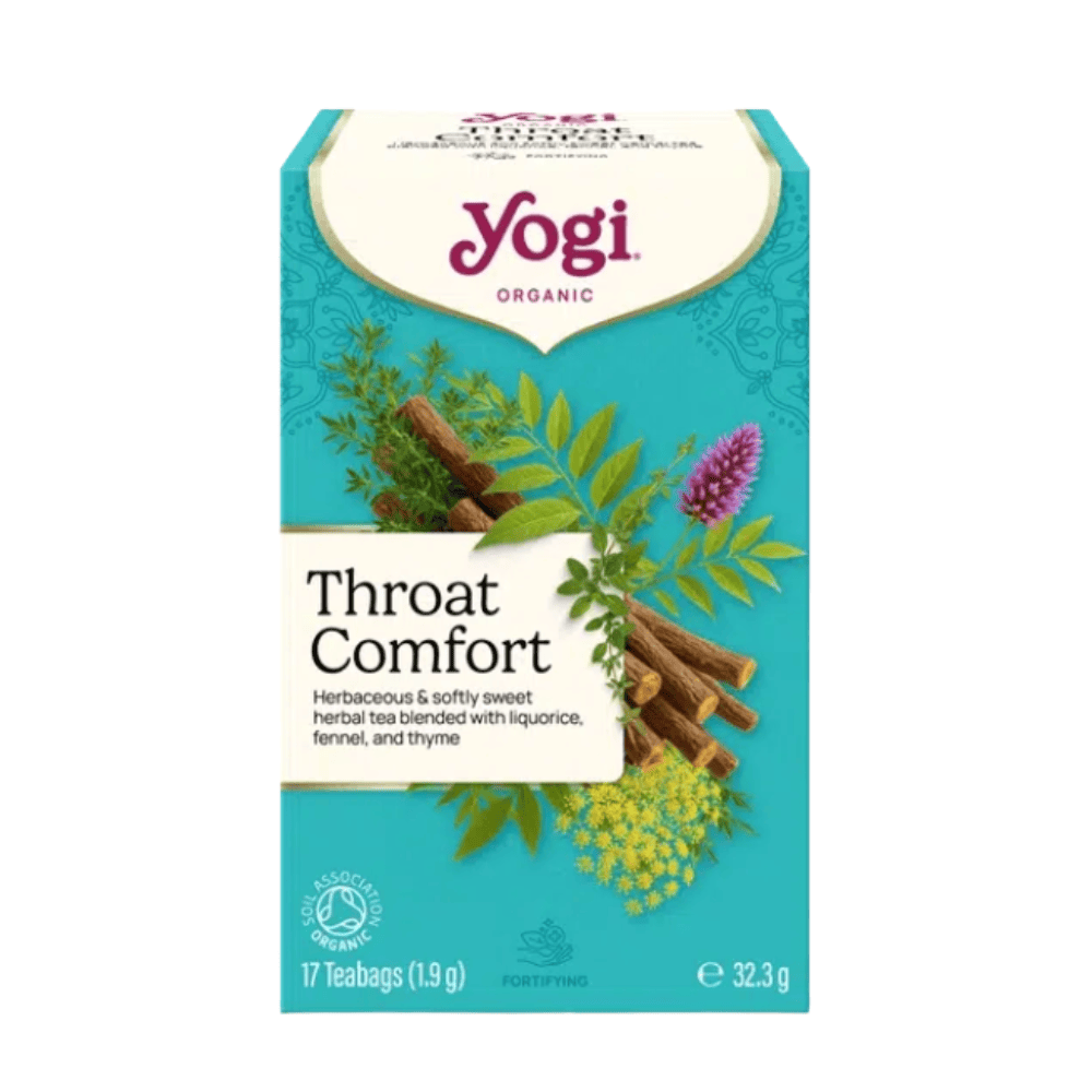 Yogi Organic Throat Comfort tea box on a white background