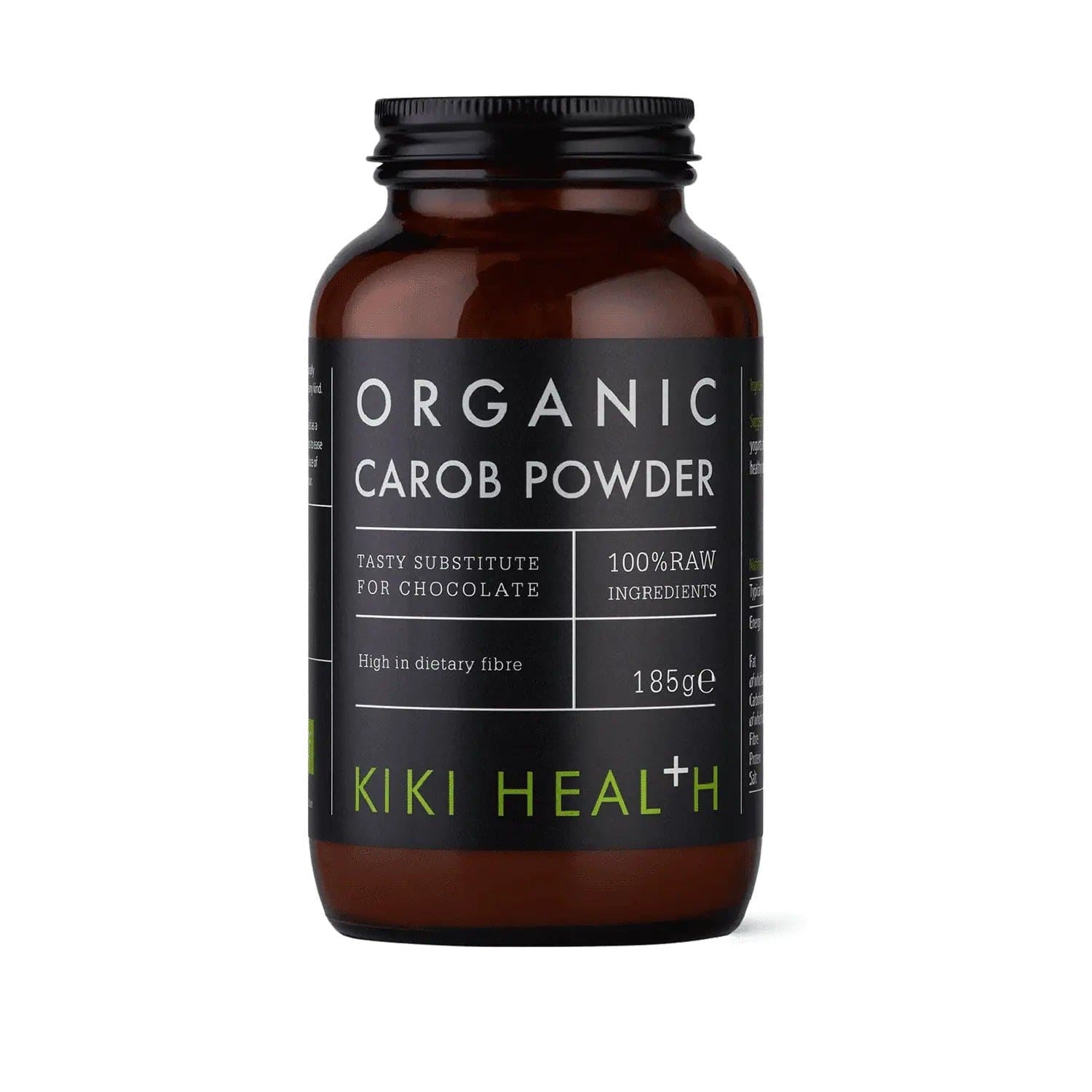 Bottle of organic carob powder by KIKI Health on a white background