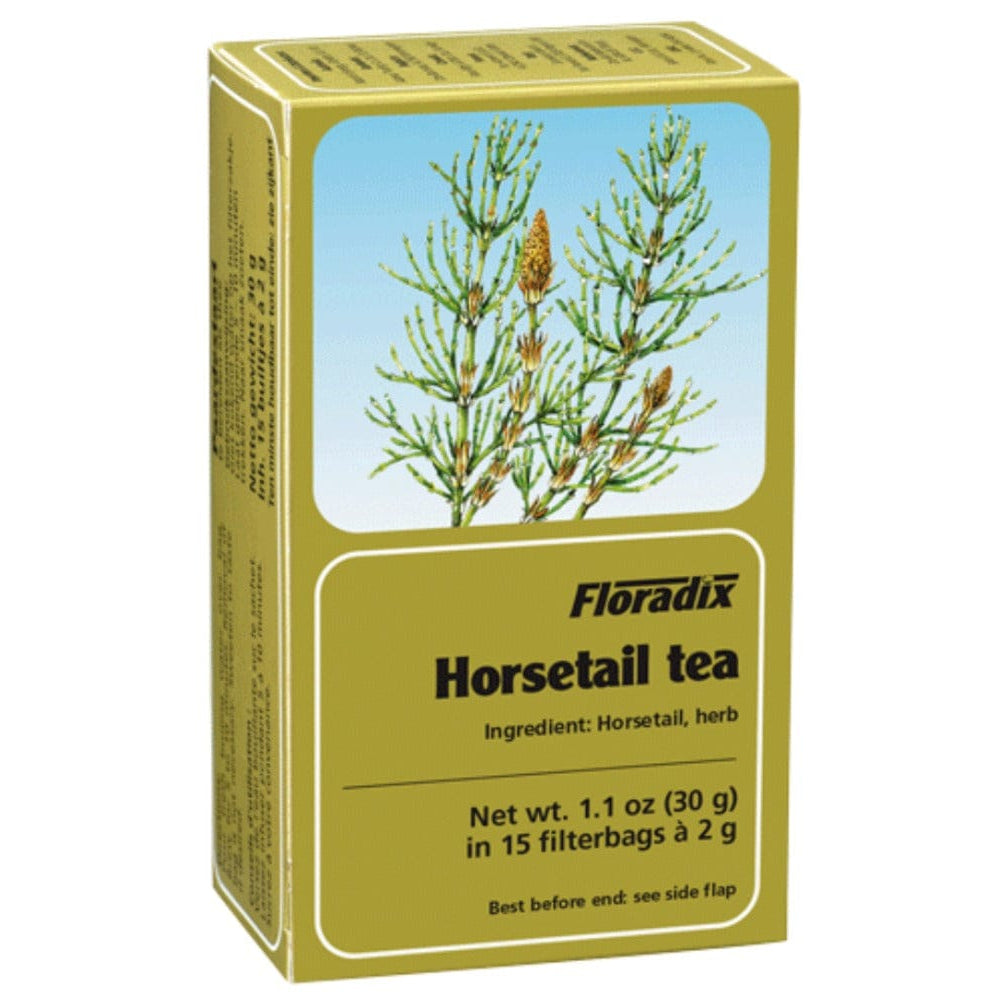 Box of Floradix Horsetail tea with a green label and image of horsetail plant.