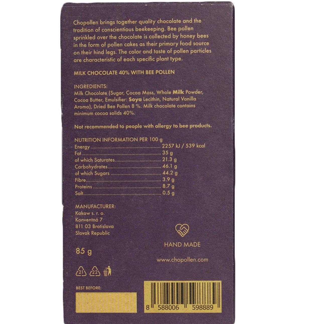 Chopollen Milk Chocolate with Bee Pollen