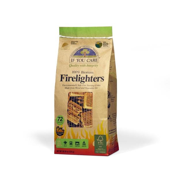 Packaging of If You Care 100% Biomass Firelighters displaying the product name, quantity of 28 pieces, and additional information such as '100% FSC Wood', 'Non-GMO', and 'Carbon Neutral'.