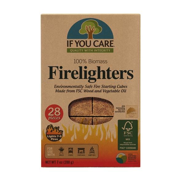 Packaging of If You Care 100% Biomass Firelighters displaying the product name, quantity of 28 pieces, and additional information such as '100% FSC Wood', 'Non-GMO', and 'Carbon Neutral'.