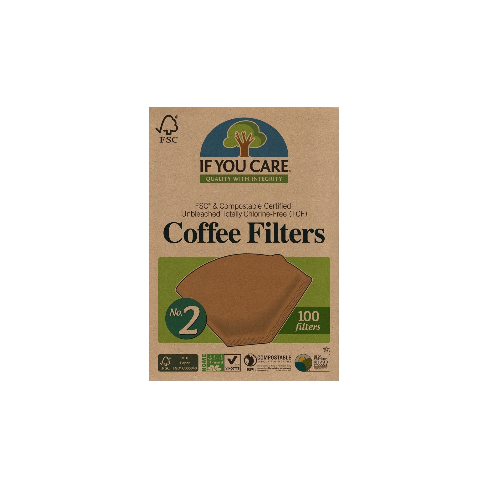 Packaging of If You Care FSC Certified Coffee Filters, showing the product name, a graphic of the coffee filters, and environmental certification logos.