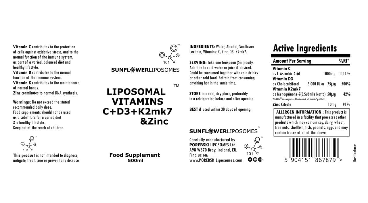 Porebski Liposomal Vitamins C, D3+K2mk7 & Zinc 500ml