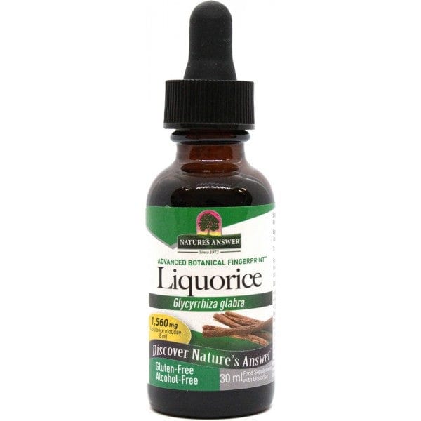 Bottle of Nature's Answer Liquorice Root, 30ml. The label indicates it is alcohol-free and has 2000 mg of Glycyrrhiza Glabra.