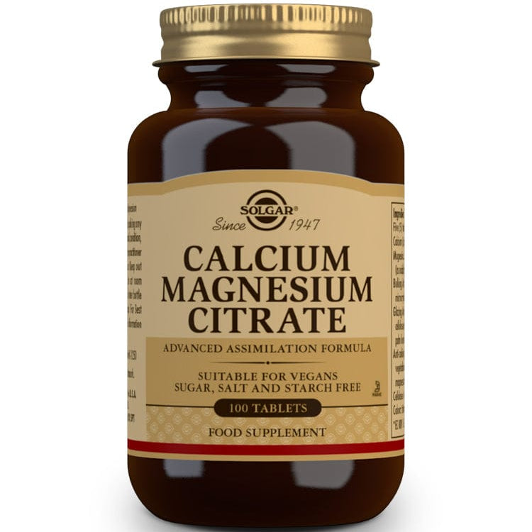 A bottle of Solgar Calcium Magnesium Citrate Tablets, advanced amino formula, 100 tablets, with information indicating it's a vegan product suitable for vegans and vegetarians.