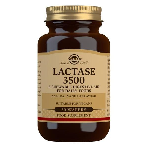 A bottle of Solgar Lactase 3500, a chewable digestive enzyme for dairy foods with a natural vanilla flavor, labeled as 30 tablets for food supplement.