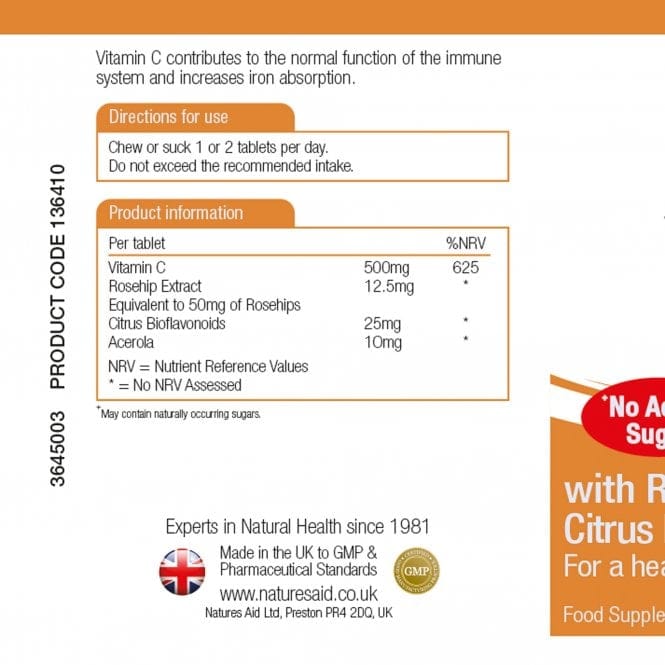 Natures Aid Vitamin C 500mg 50 Chewable Tabs