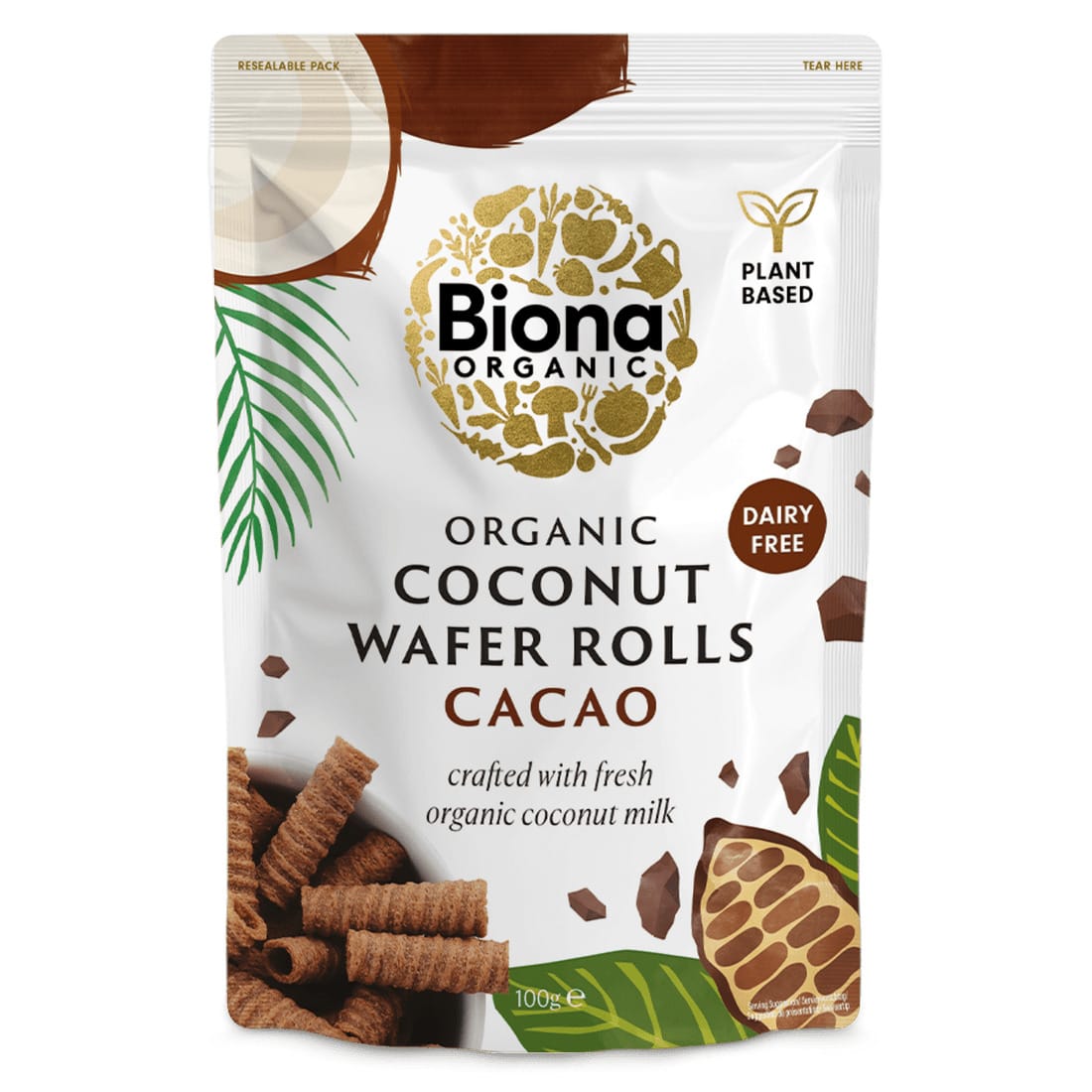 Biona Organic Cacao Coconut Wafer Rolls 100g