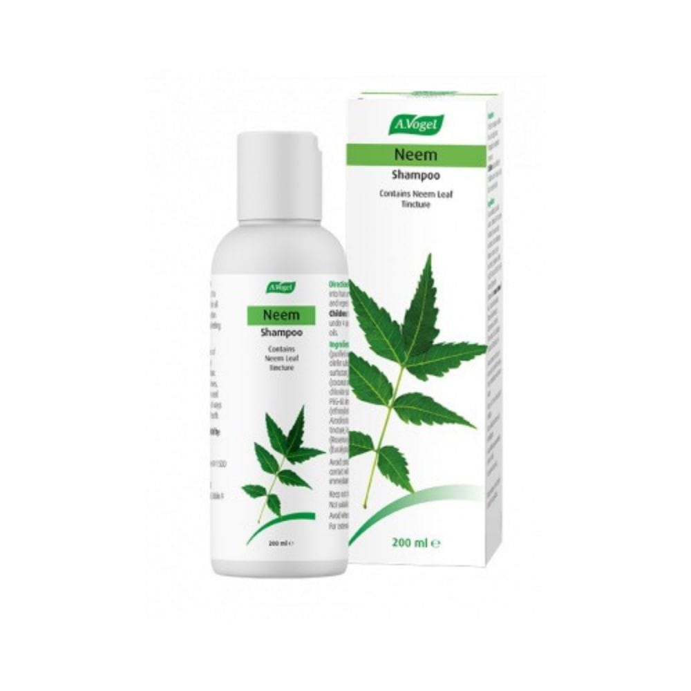 Neem shampoo bottle and packaging on a white background