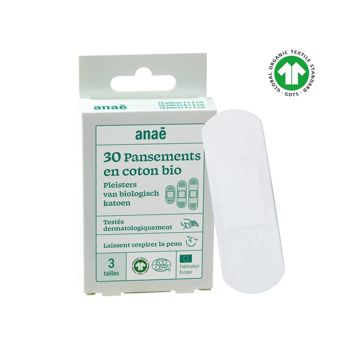 Anaé 30 bandages in a white and green cardboard box, shown next to a single white oval cotton pad on a plain white background, with a green 'Organic Textile Standard' certification logo in the top right.